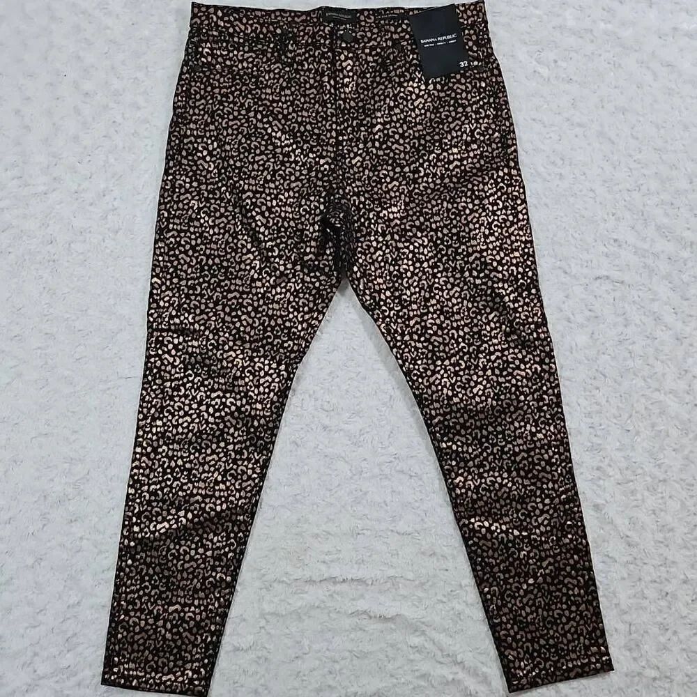 Banana Republic midrise skinny metallic leopard jean black copper Womens Size 32